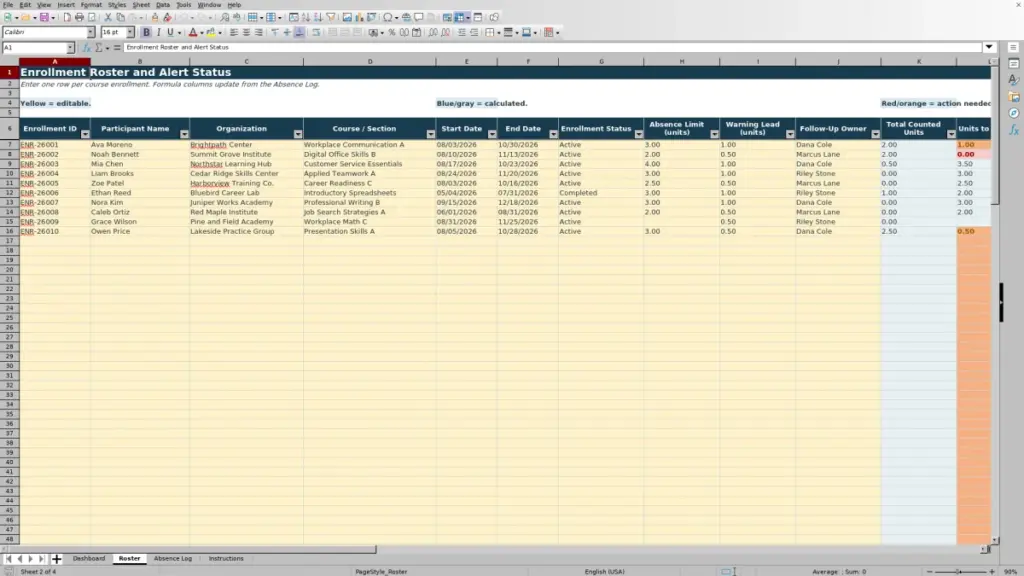 Preview of the Roster sheet in Free Absence Threshold Alert Tracker Excel Template 2026