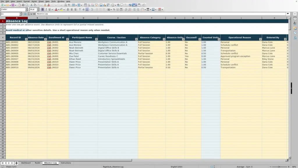 Preview of the Absence Log sheet in Free Absence Threshold Alert Tracker Excel Template 2026