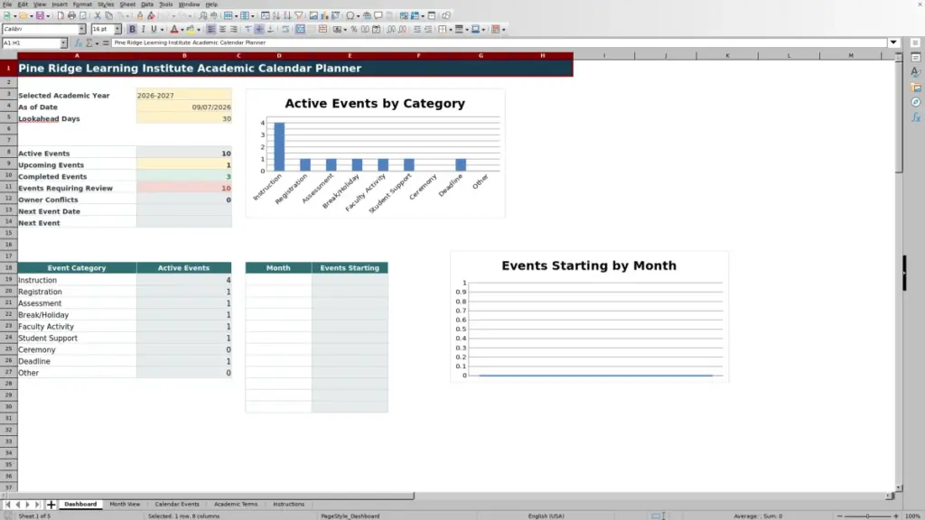 Preview of the Dashboard sheet in Free Academic Calendar Planner Excel Template 2026