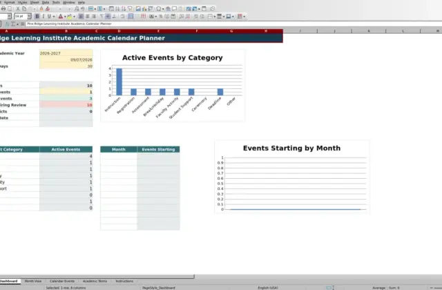Capture 1 : feuille Dashboard — academic calendar planner