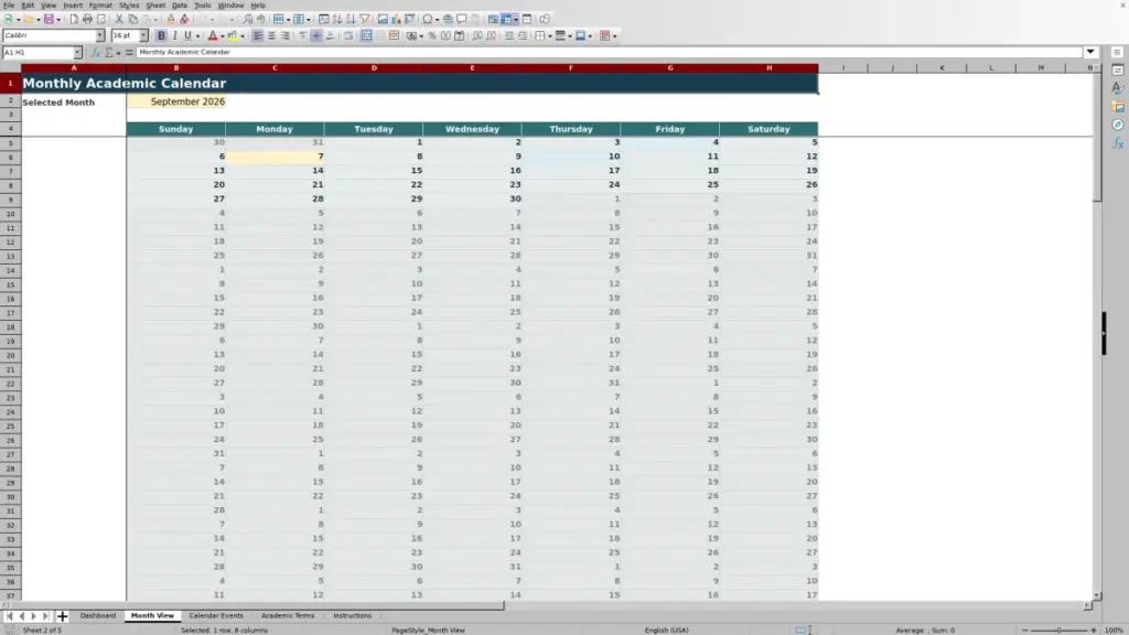 Preview of the Month View sheet in Free Academic Calendar Planner Excel Template 2026