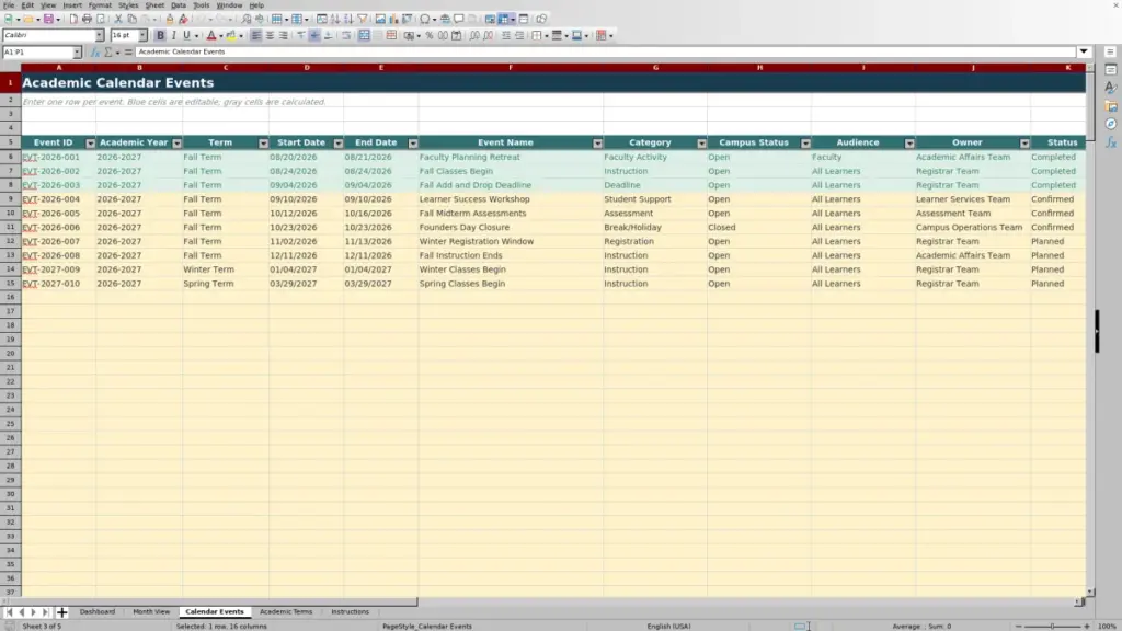 Preview of the Calendar Events sheet in Free Academic Calendar Planner Excel Template 2026