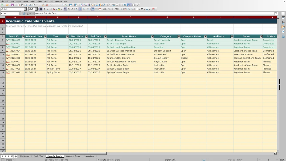 Capture 3 : feuille Calendar Events — academic calendar planner