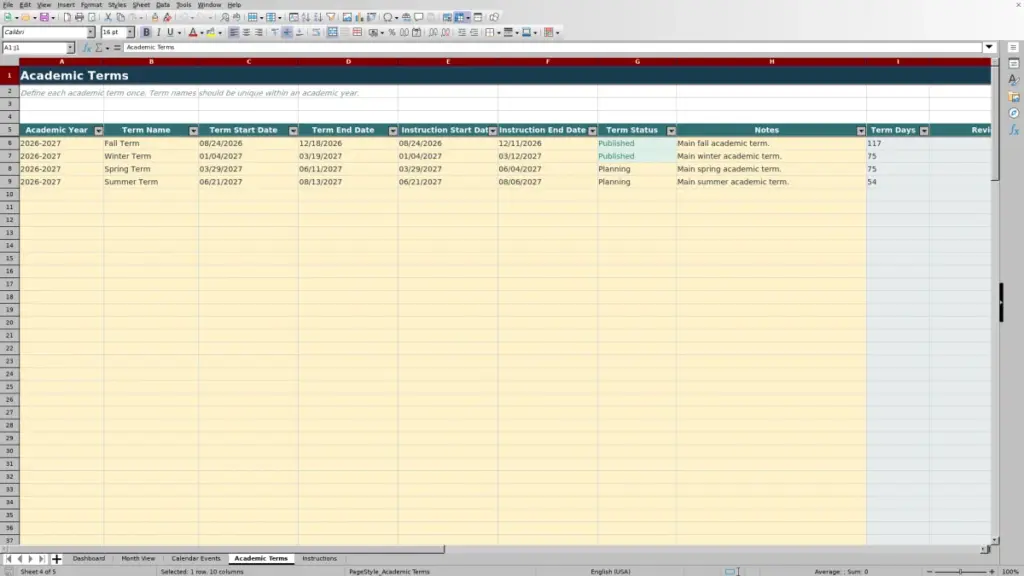 Preview of the Academic Terms sheet in Free Academic Calendar Planner Excel Template 2026