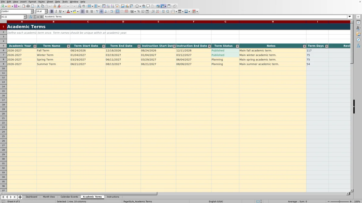 Capture 4 : feuille Academic Terms — academic calendar planner