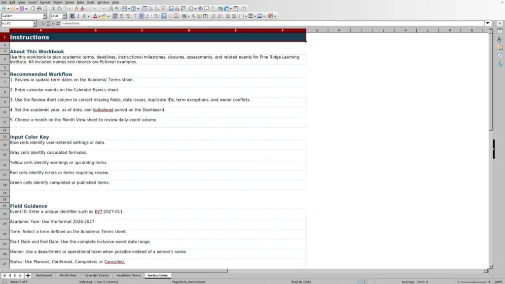Preview of the Instructions sheet in Free Academic Calendar Planner Excel Template 2026