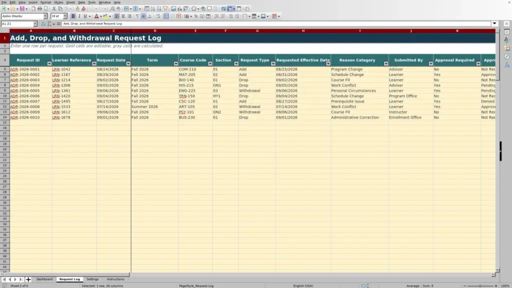 Preview of the Request Log sheet in Free Add Drop Withdrawal Tracker Excel Template 2026