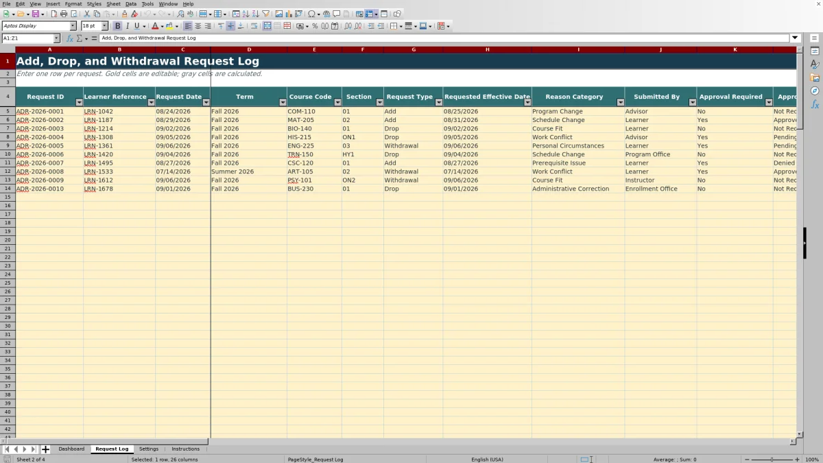 Capture 2 : feuille Request Log — add drop withdrawal tracker
