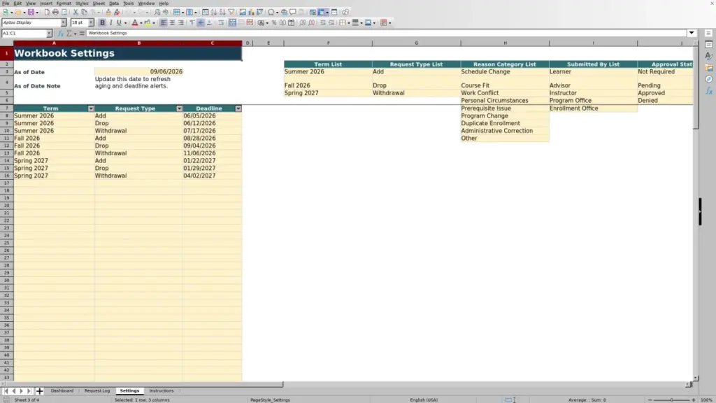 Preview of the Settings sheet in Free Add Drop Withdrawal Tracker Excel Template 2026