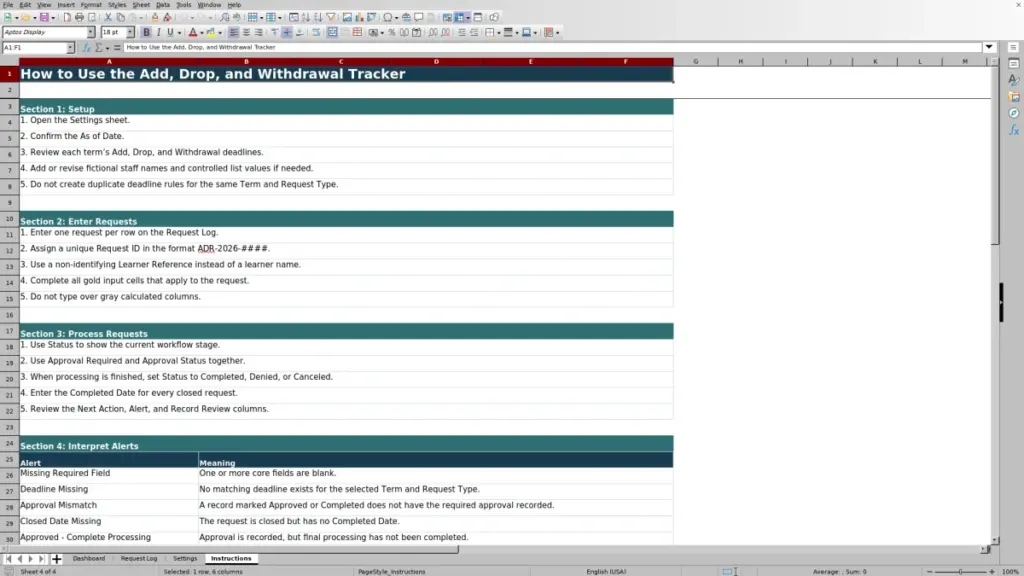 Preview of the Instructions sheet in Free Add Drop Withdrawal Tracker Excel Template 2026