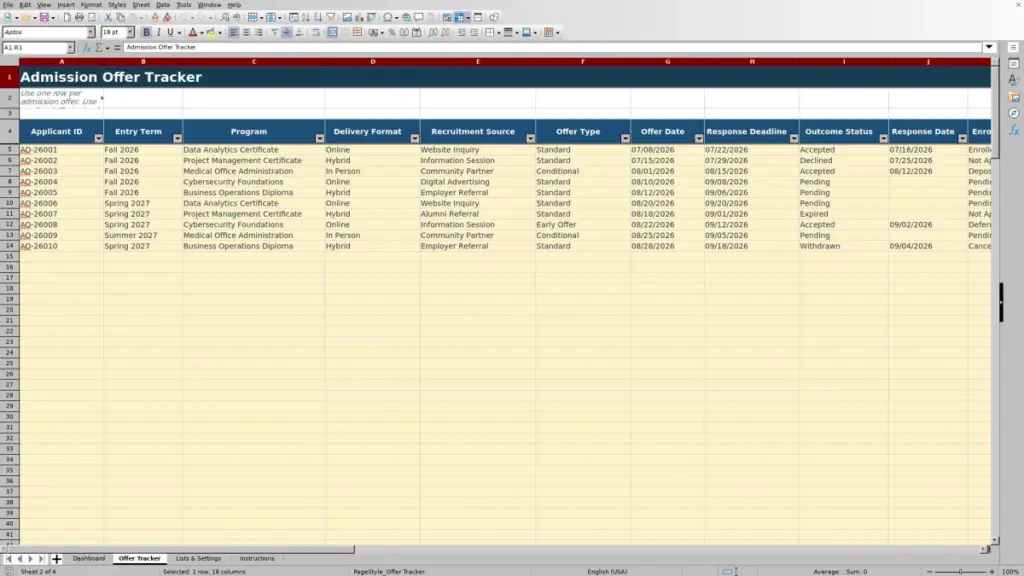 Preview of the Offer Tracker sheet in Free Admission Offer and Yield Tracker Excel Template 2026
