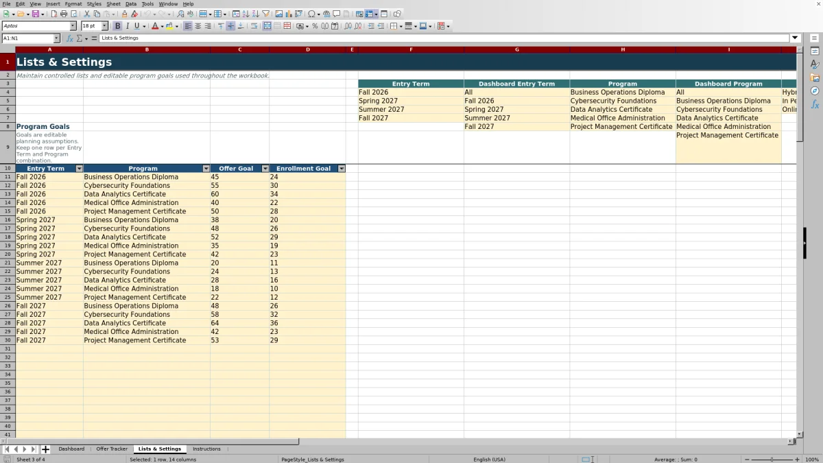 Capture 3 : feuille Lists & Settings — admission offer and yield tracker