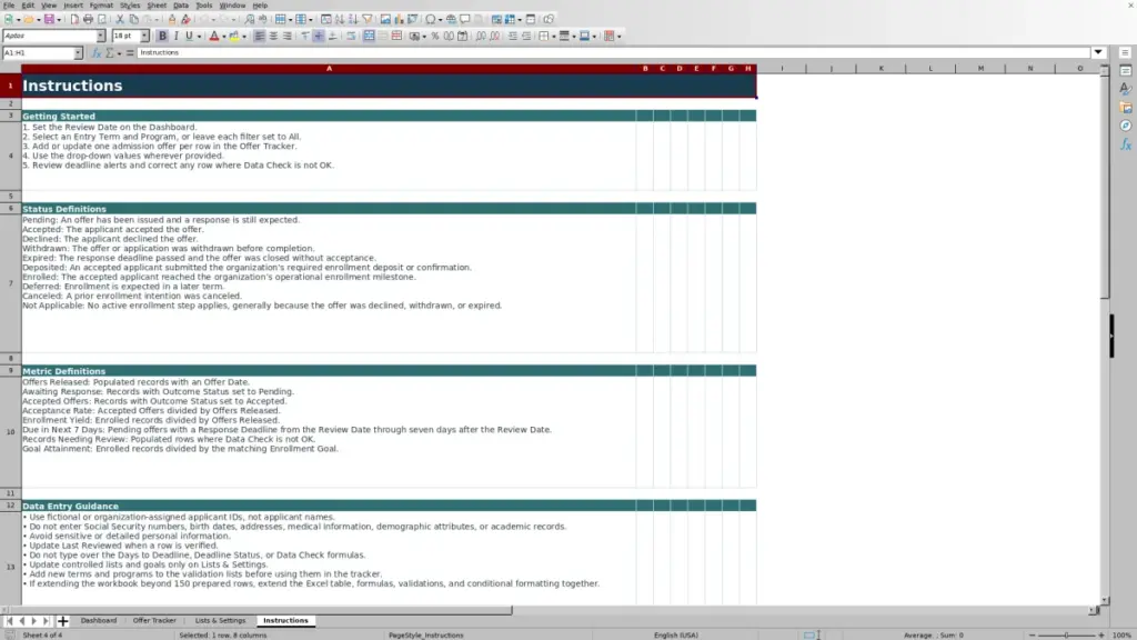 Preview of the Instructions sheet in Free Admission Offer and Yield Tracker Excel Template 2026
