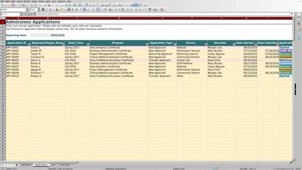 Preview of the Applications sheet in Free Admissions Application Tracker Excel Template 2026