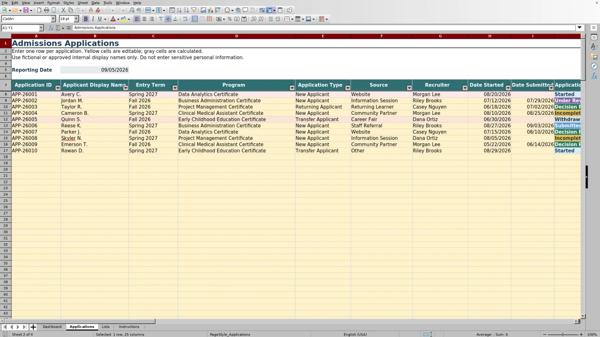 Capture 2 : feuille Applications — admissions application tracker
