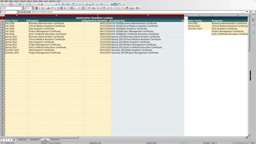 Preview of the Lists sheet in Free Admissions Application Tracker Excel Template 2026
