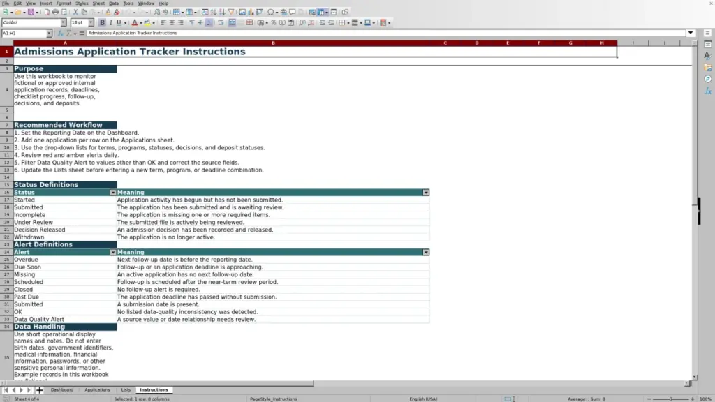 Preview of the Instructions sheet in Free Admissions Application Tracker Excel Template 2026
