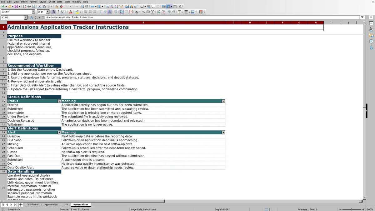Capture 4 : feuille Instructions — admissions application tracker