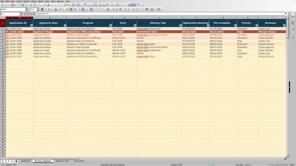 Preview of the Decision Register sheet in Free Admissions Decision Register Excel Template 2026