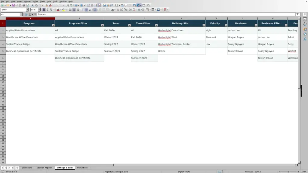 Preview of the Settings & Lists sheet in Free Admissions Decision Register Excel Template 2026