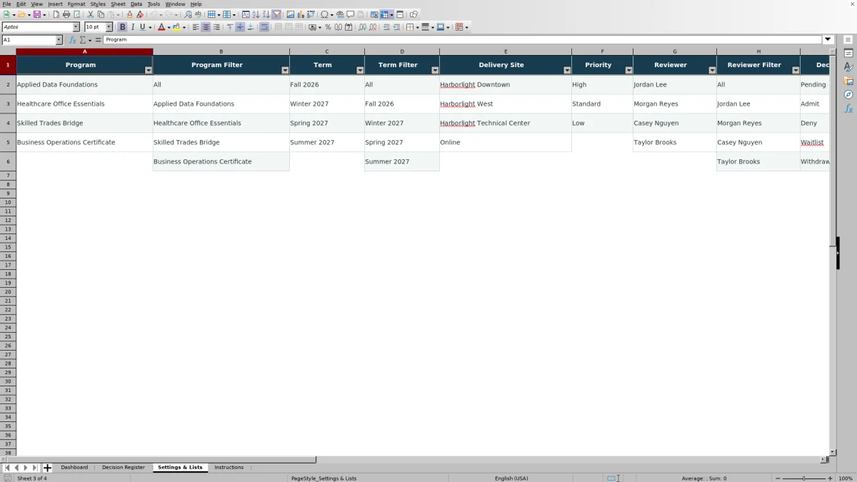 Capture 3 : feuille Settings & Lists — admissions decision register