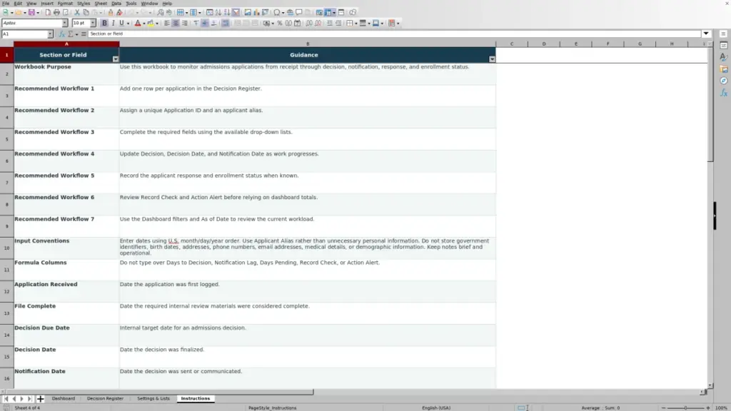 Preview of the Instructions sheet in Free Admissions Decision Register Excel Template 2026
