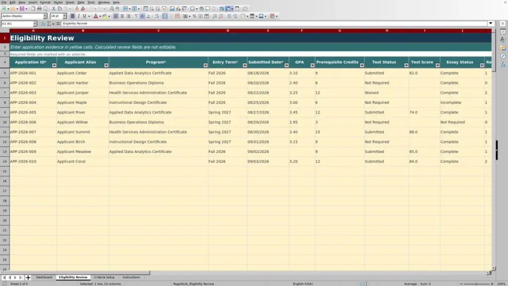 Preview of the Eligibility Review sheet in Free Admissions Eligibility Review Matrix Excel Template 2026