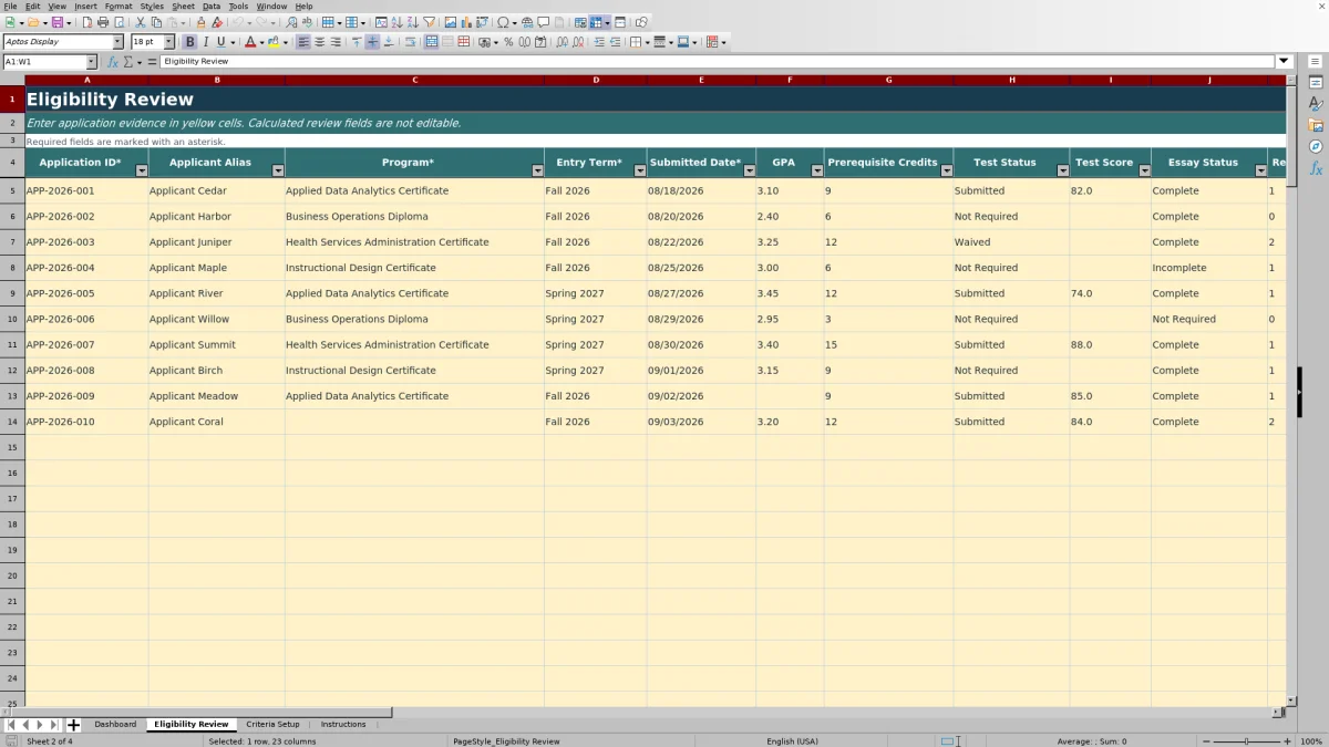 Capture 2 : feuille Eligibility Review — admissions eligibility review matrix
