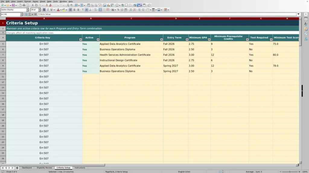 Preview of the Criteria Setup sheet in Free Admissions Eligibility Review Matrix Excel Template 2026
