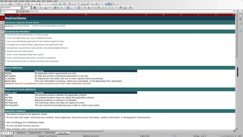 Preview of the Instructions sheet in Free Admissions Eligibility Review Matrix Excel Template 2026
