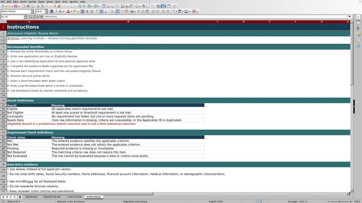 Capture 4 : feuille Instructions — admissions eligibility review matrix