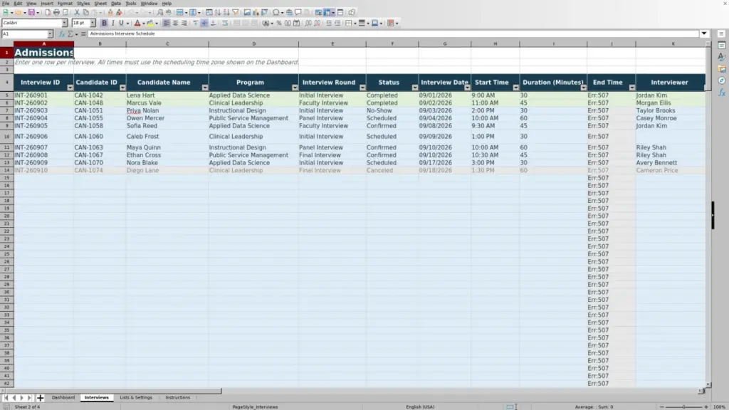 Preview of the Interviews sheet in Free Admissions Interview Scheduling Tracker Excel Template 2026