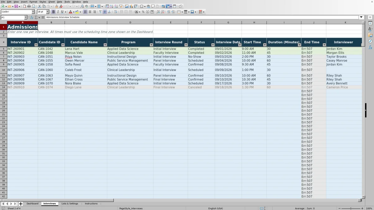 Capture 2 : feuille Interviews — admissions interview scheduling tracker