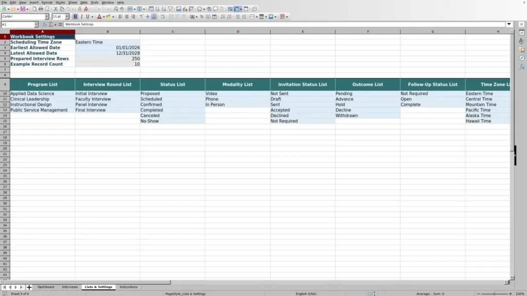 Preview of the Lists & Settings sheet in Free Admissions Interview Scheduling Tracker Excel Template 2026