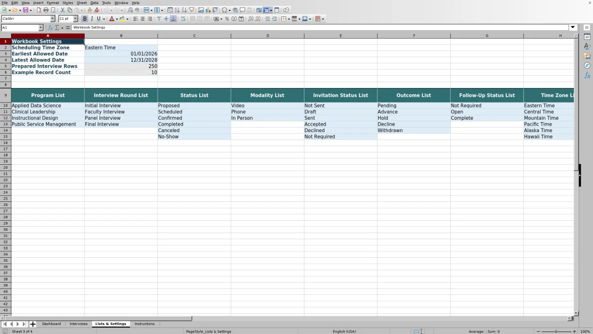 Capture 3 : feuille Lists & Settings — admissions interview scheduling tracker
