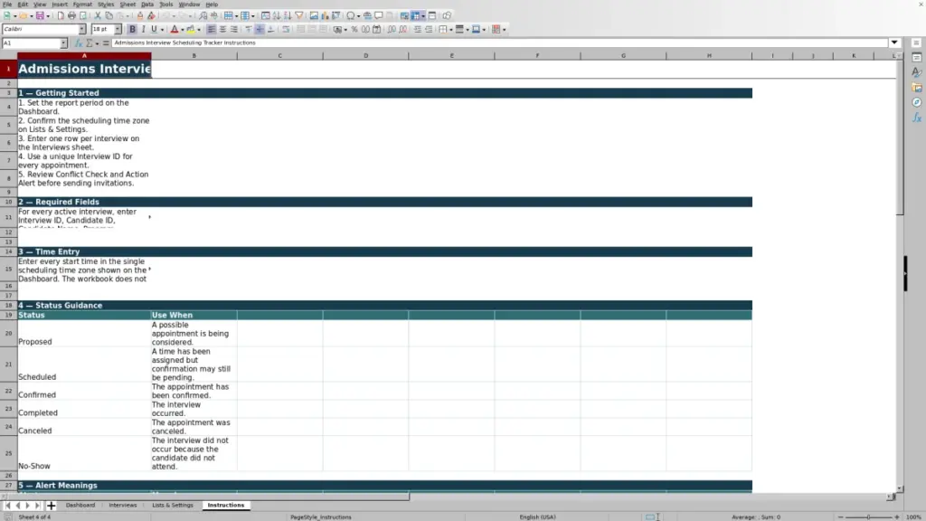 Preview of the Instructions sheet in Free Admissions Interview Scheduling Tracker Excel Template 2026