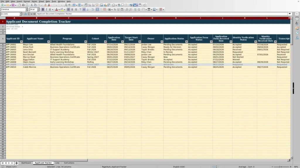 Preview of the Applicant Tracker sheet in Free Applicant Document Completion Tracker Excel Template 2026