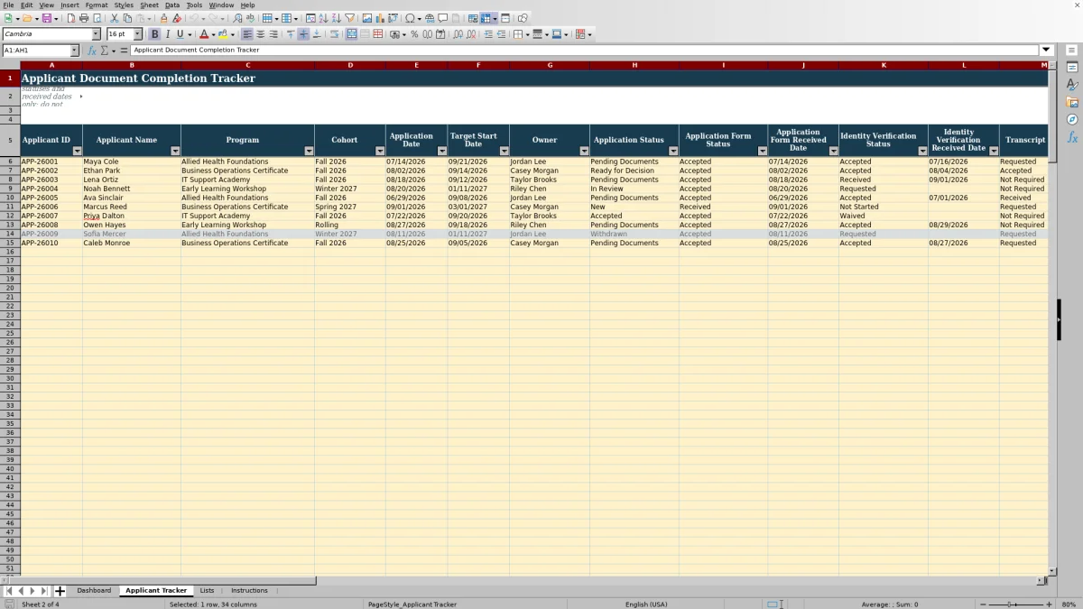 Capture 2 : feuille Applicant Tracker — applicant document completion tracker