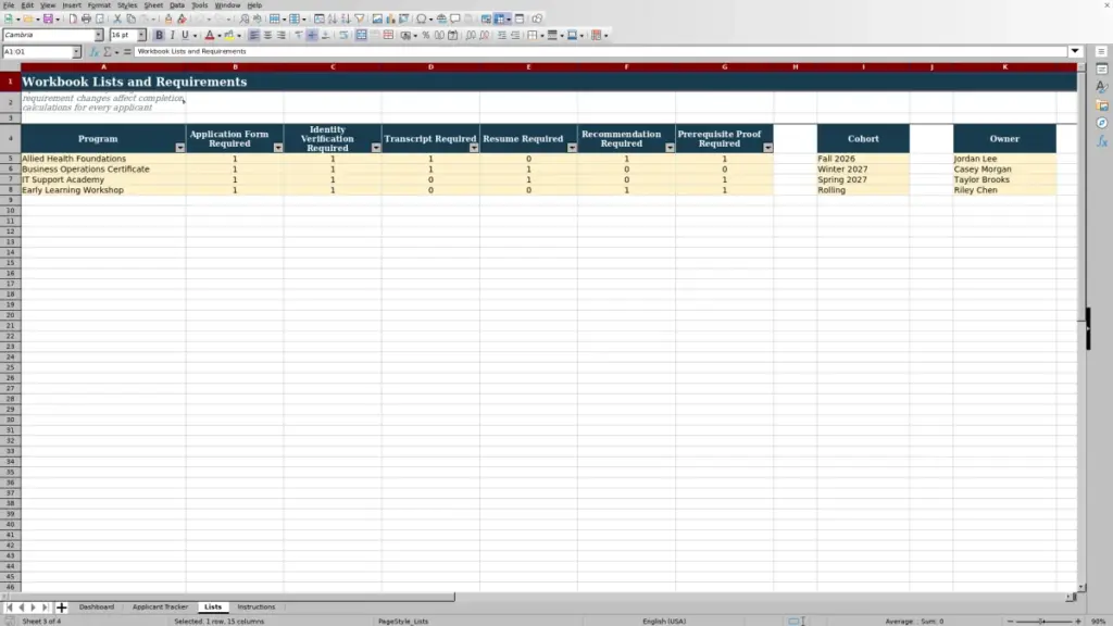 Preview of the Lists sheet in Free Applicant Document Completion Tracker Excel Template 2026