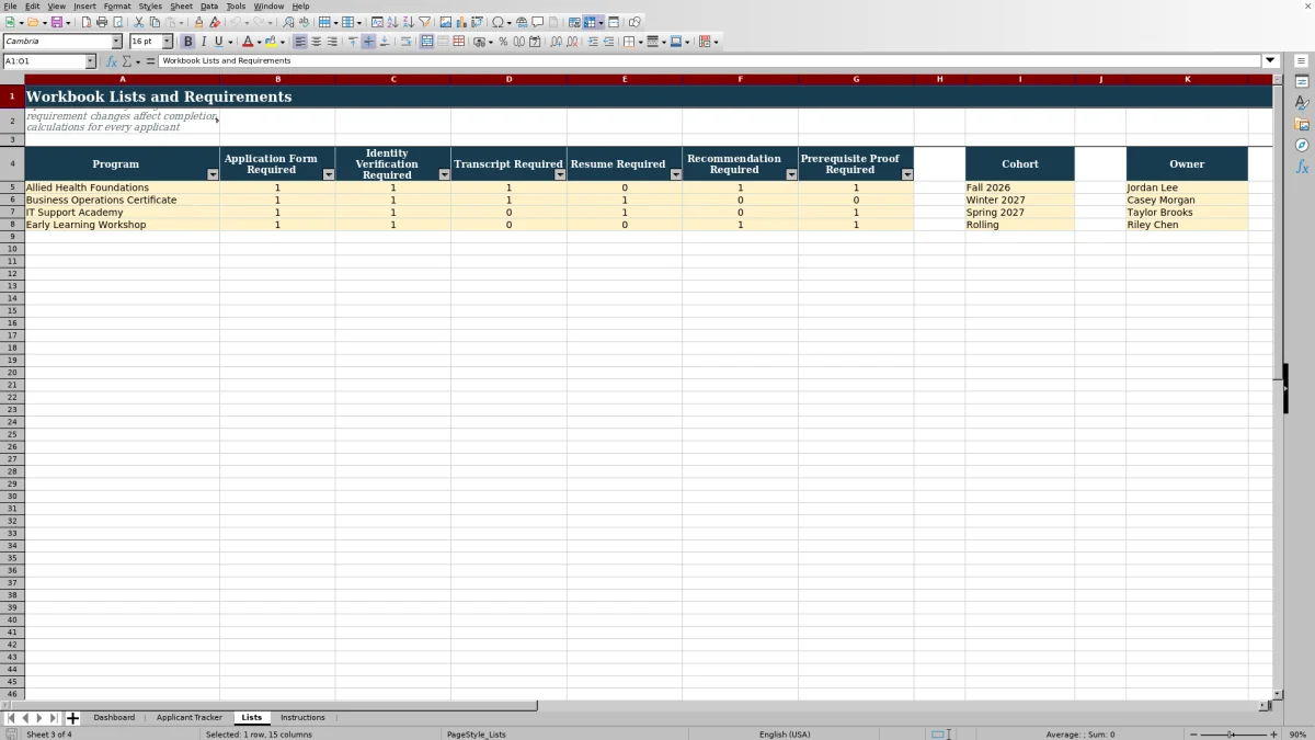 Capture 3 : feuille Lists — applicant document completion tracker