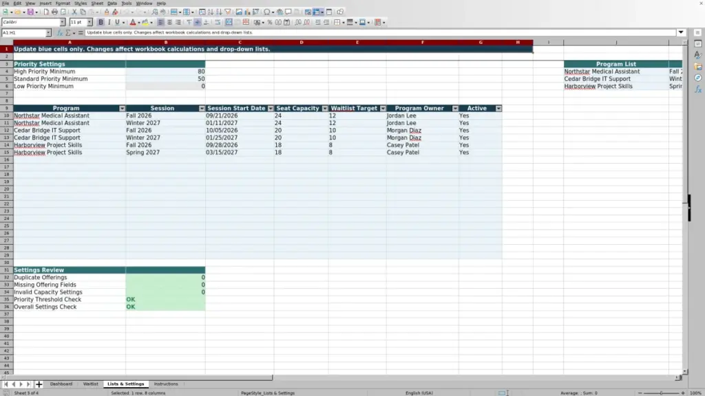 Preview of the Lists & Settings sheet in Free Applicant Waitlist Manager Excel Template 2026