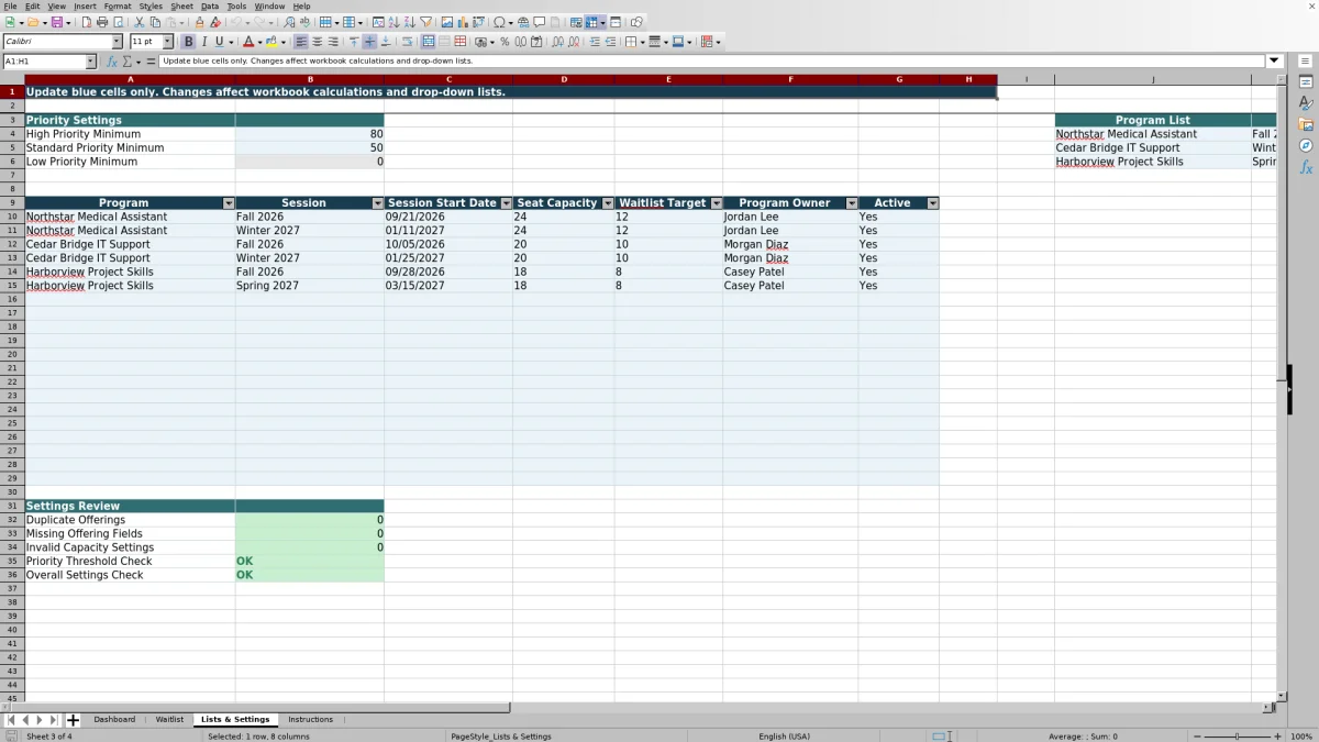 Capture 3 : feuille Lists & Settings — applicant waitlist manager