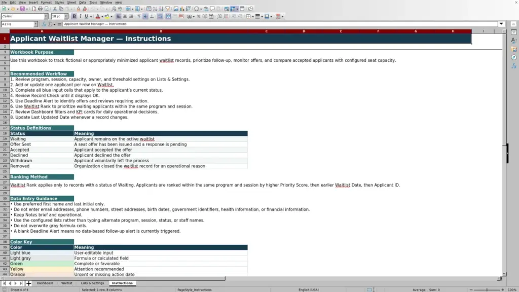 Preview of the Instructions sheet in Free Applicant Waitlist Manager Excel Template 2026