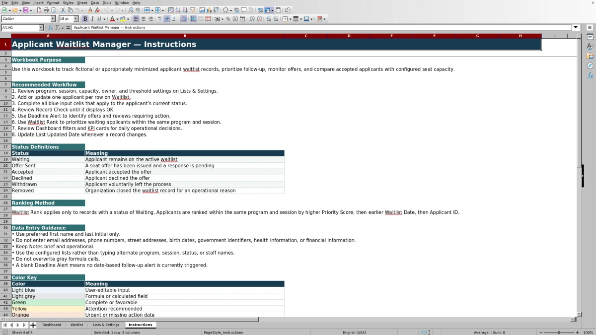 Capture 4 : feuille Instructions — applicant waitlist manager