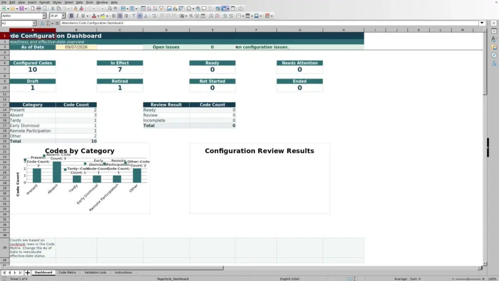 Preview of the Dashboard sheet in Free Attendance Code Configuration Matrix Excel Template 2026