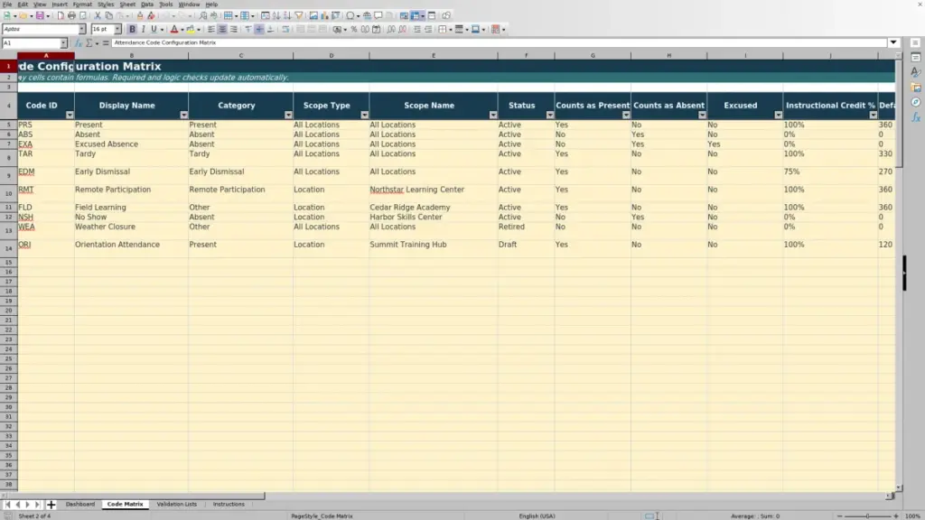 Preview of the Code Matrix sheet in Free Attendance Code Configuration Matrix Excel Template 2026