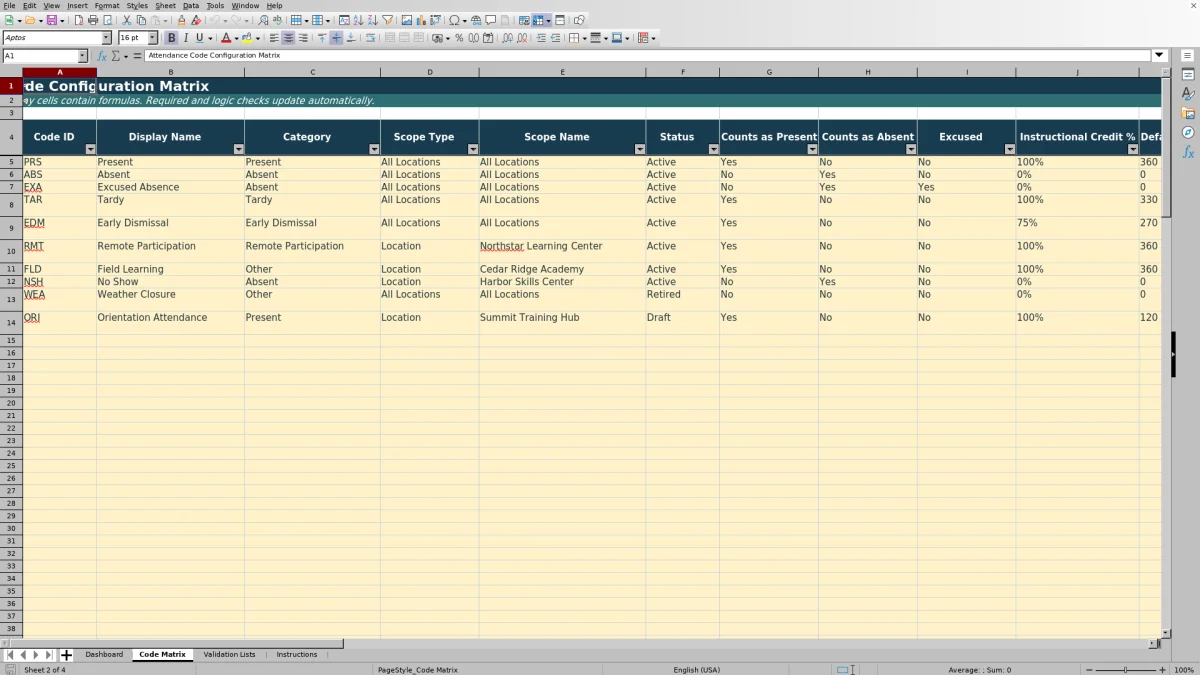 Capture 2 : feuille Code Matrix — attendance code configuration matrix
