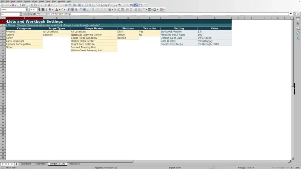 Preview of the Validation Lists sheet in Free Attendance Code Configuration Matrix Excel Template 2026