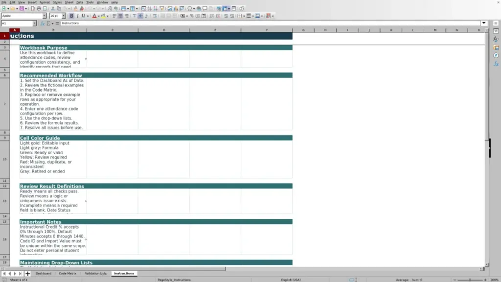 Preview of the Instructions sheet in Free Attendance Code Configuration Matrix Excel Template 2026