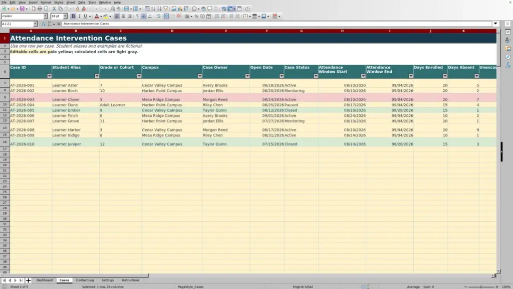 Preview of the Cases sheet in Free Attendance Intervention Case Tracker Excel Template 2026